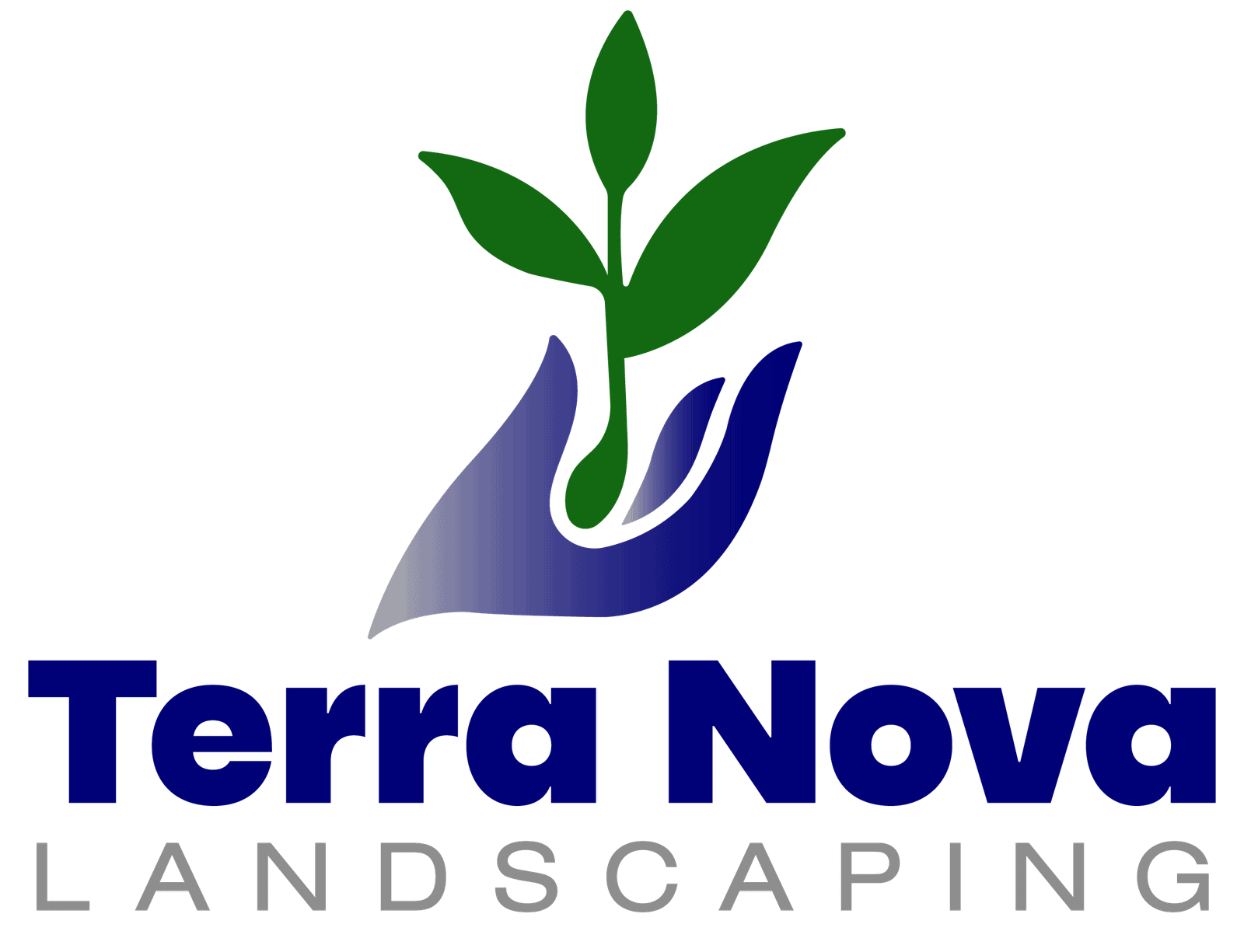 Logo of Terra Nova Landscaping with a green leaf and blue hand graphic.