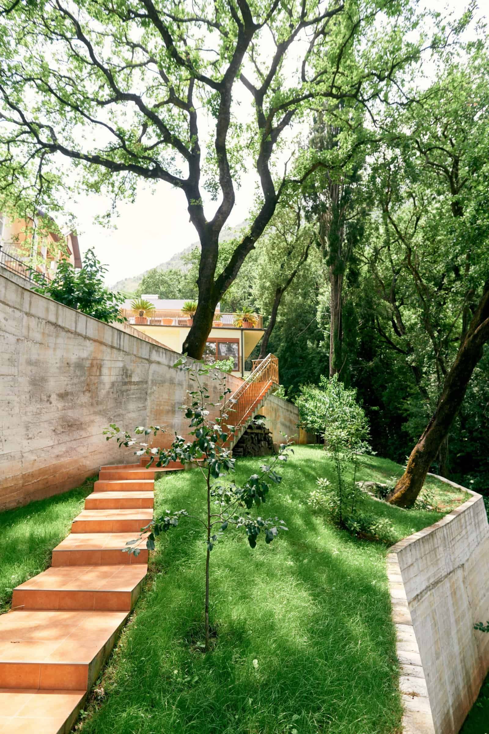 Beautiful landscaped garden with trees and stairs at Terra Nova Landscaping.