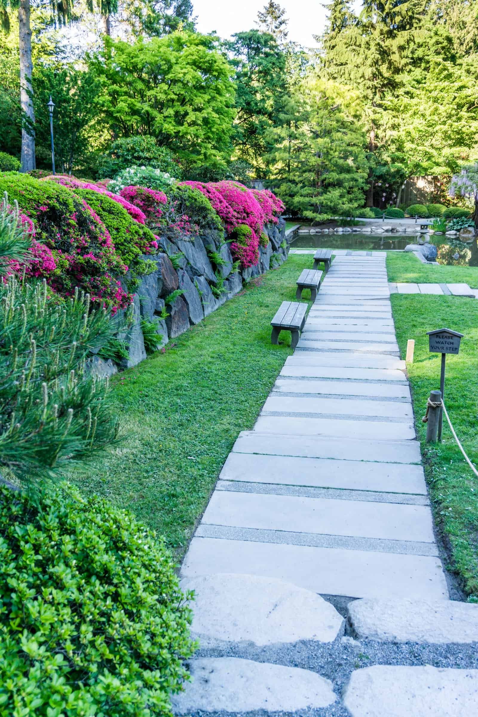 Serene garden pathway with lush greenery and colorful flowers.